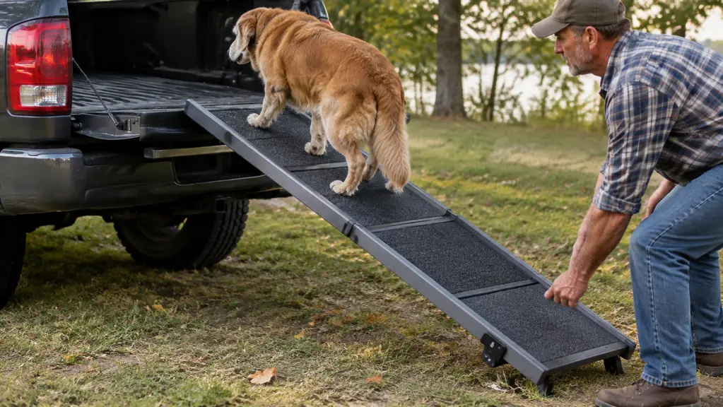 A person holding a folding dog ramp steady while a senior dog walks up it