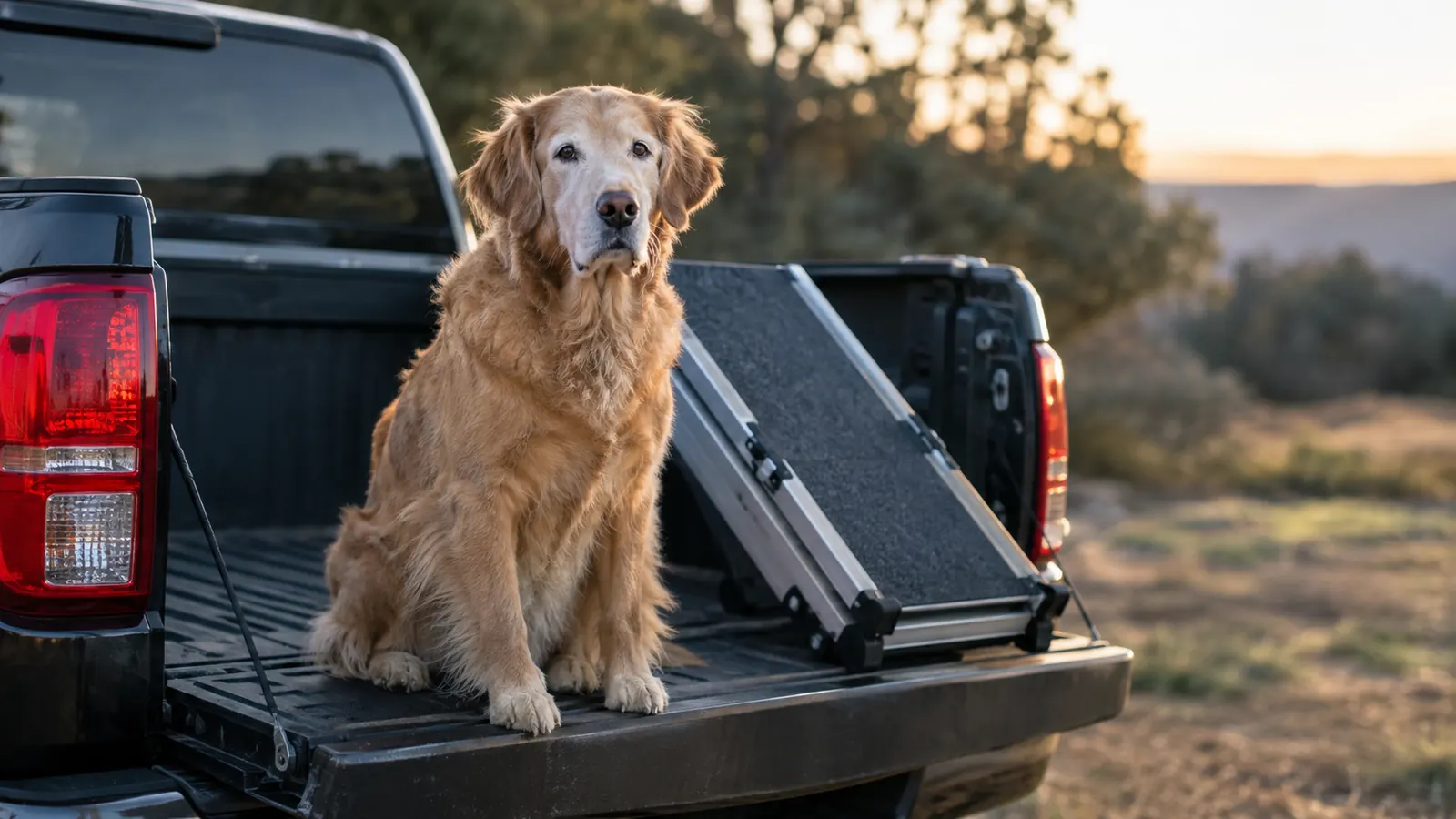 A senior dog resting on the tailgate of a pickup truck after using a ramp