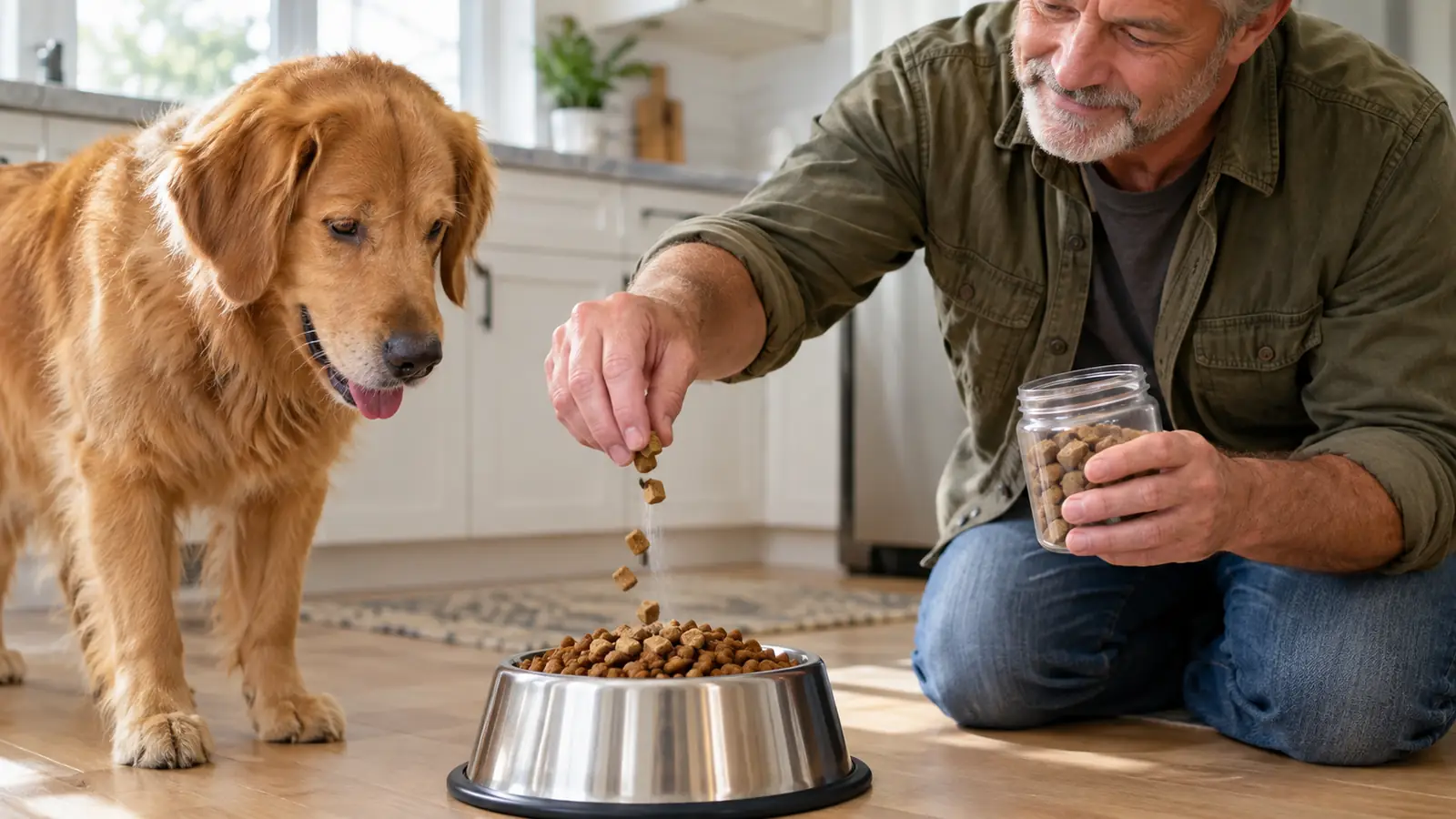 A hand sprinkling a soft chew supplement over a senior dog's food bowl
