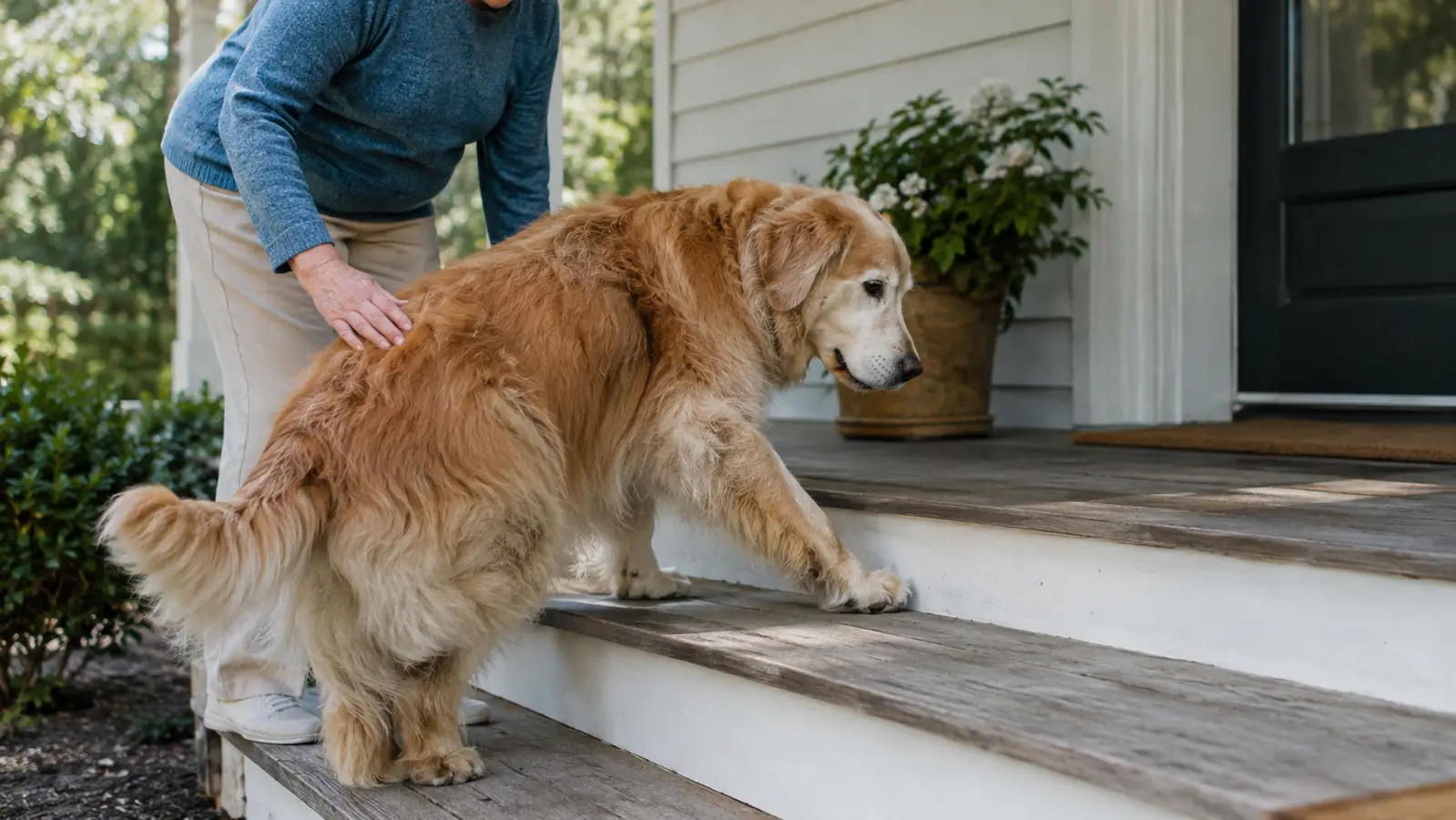 A senior dog slowly climbing a short set of porch steps with a person nearby
