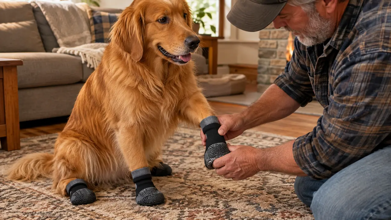 A hand fitting a non-slip sock onto a dog's paw while the dog sits on a rug