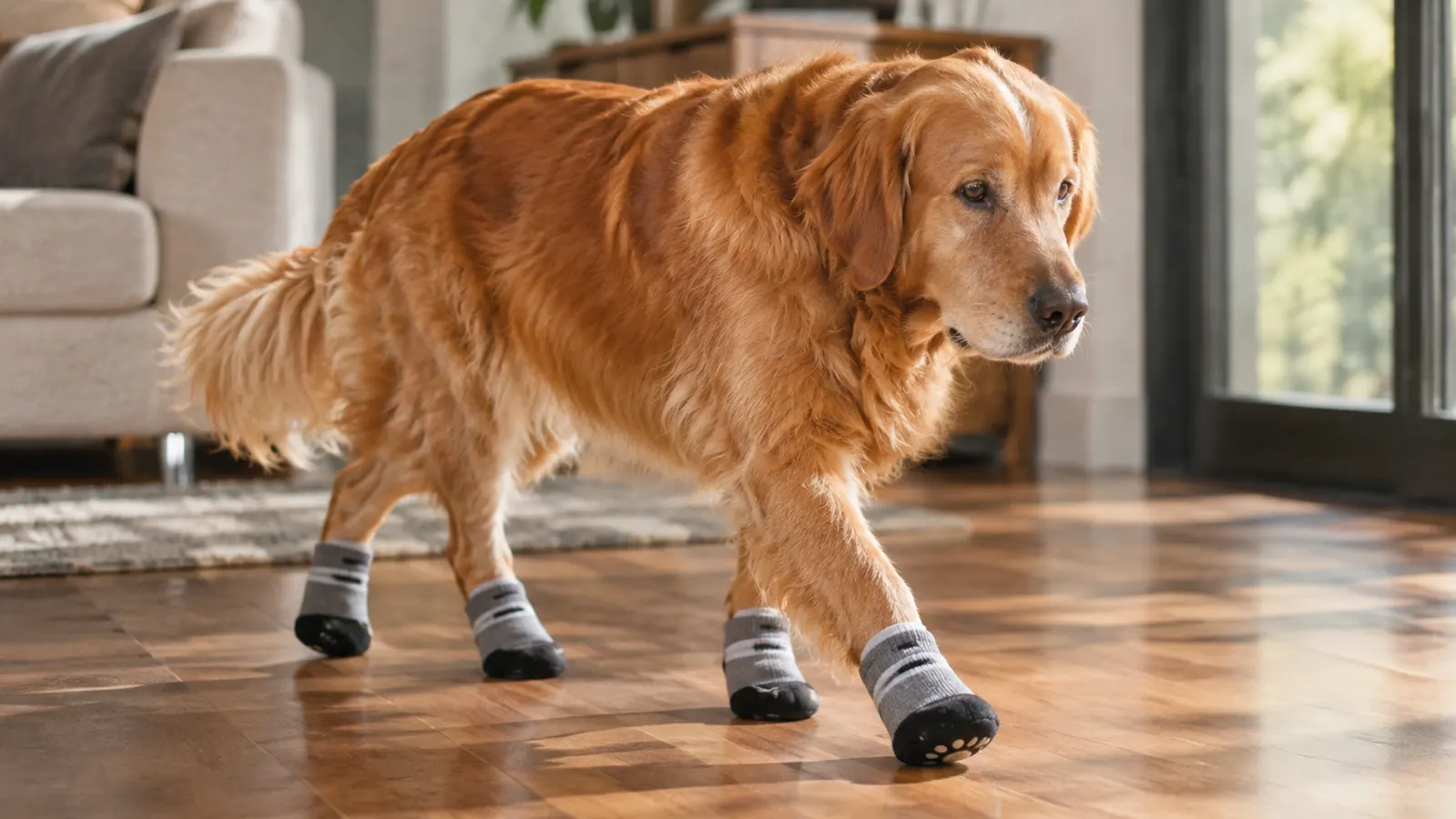 A large dog walking carefully across a hardwood floor in non-slip socks