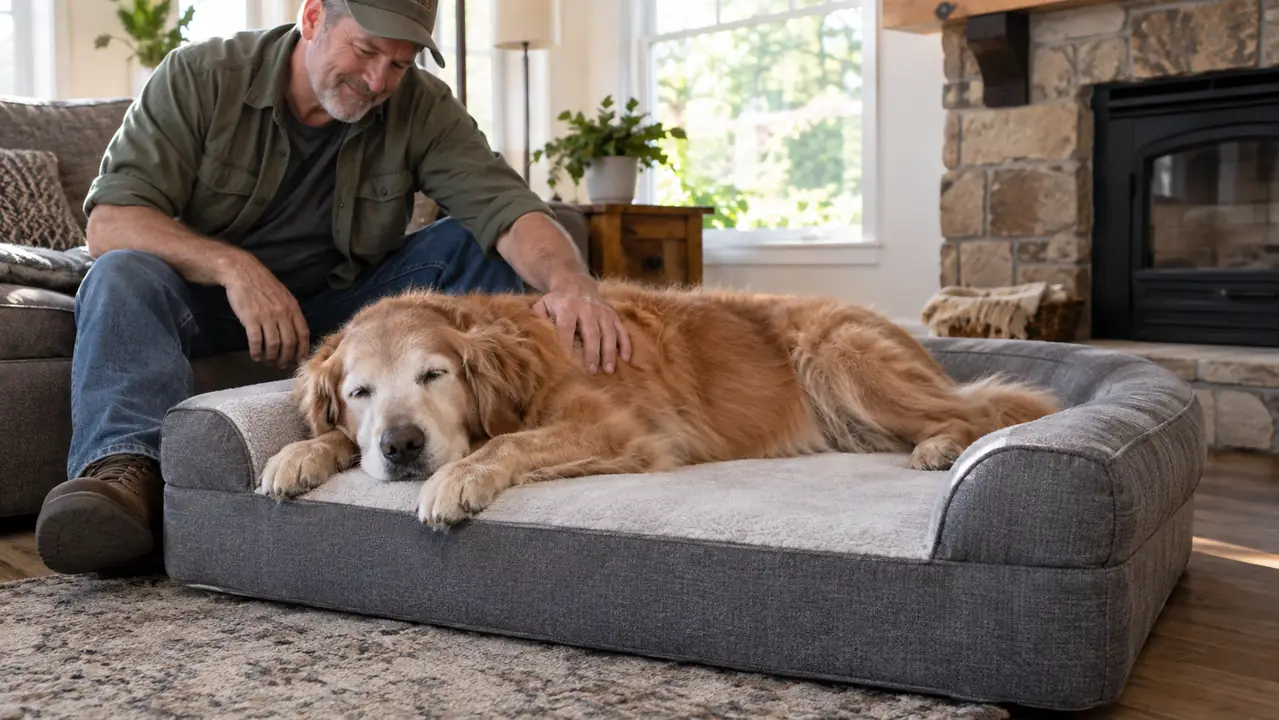 A large dog stretched out on the EHEYCIGA orthopedic dog bed