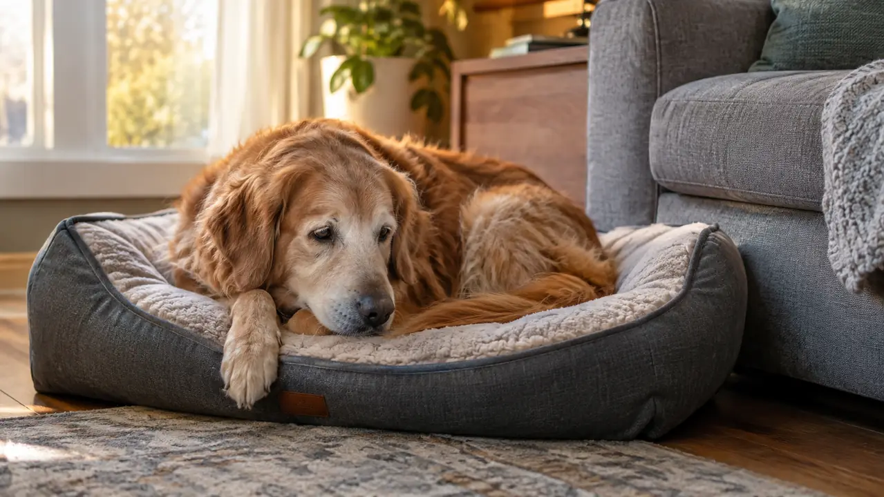 An older dog settling onto a supportive bed beside a couch in late afternoon light