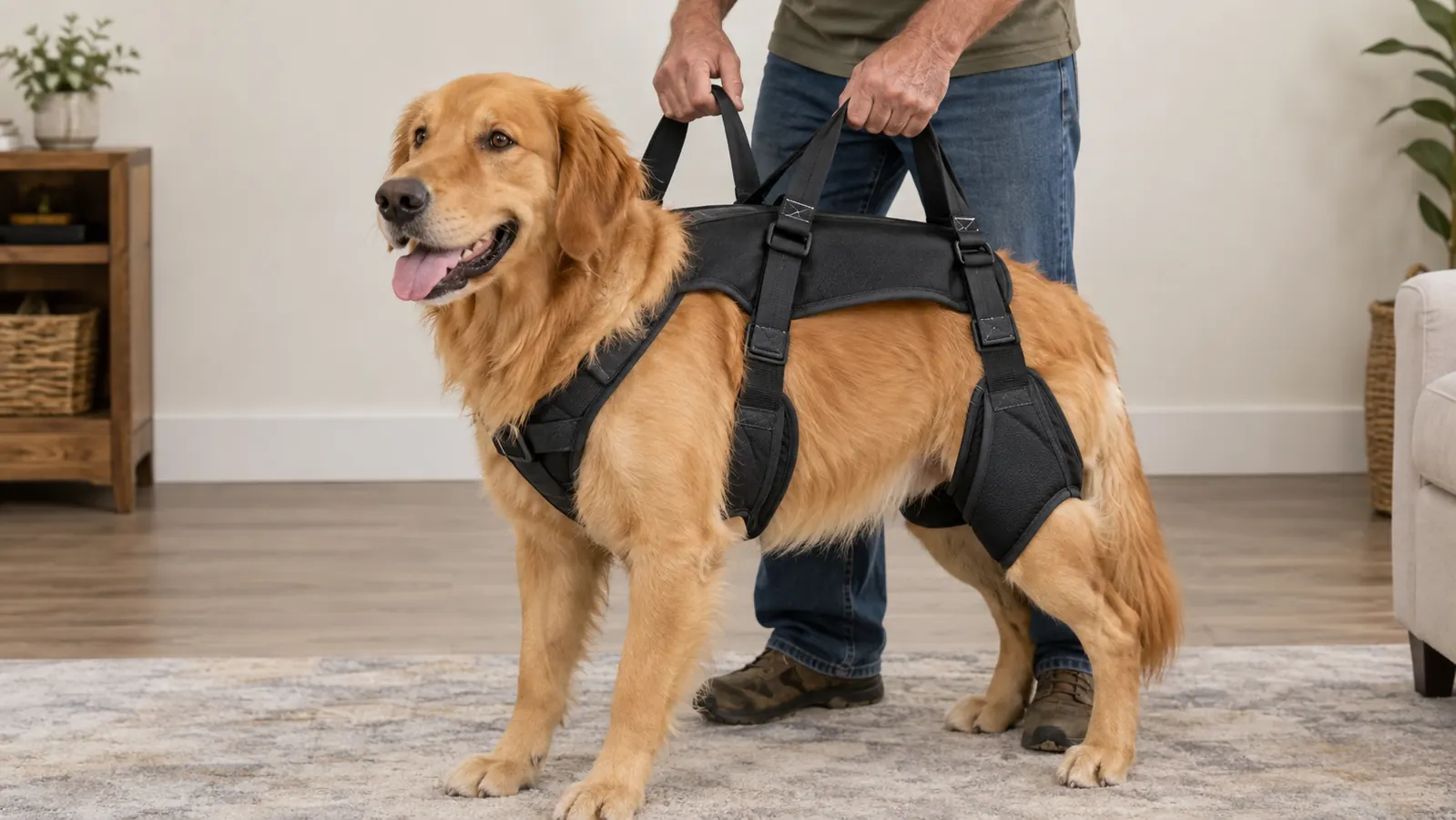A rear support harness with padded leg loops fitted around a large dog's hindquarters, with the person holding the handle