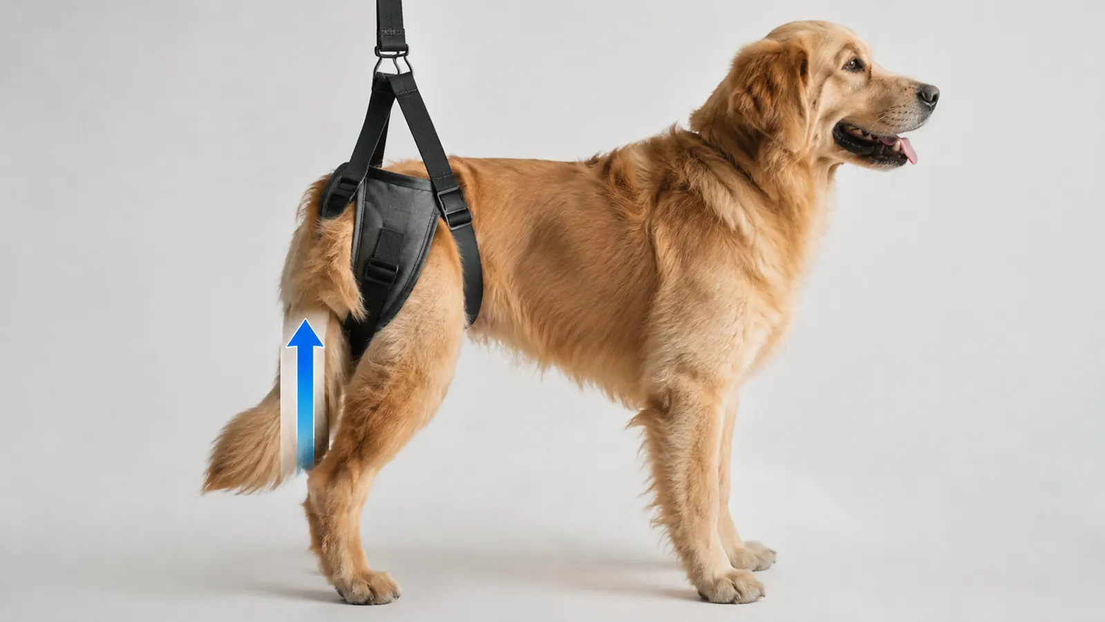 A diagram of a dog showing how a rear support harness lifts the hindquarters while the front legs stay on the ground