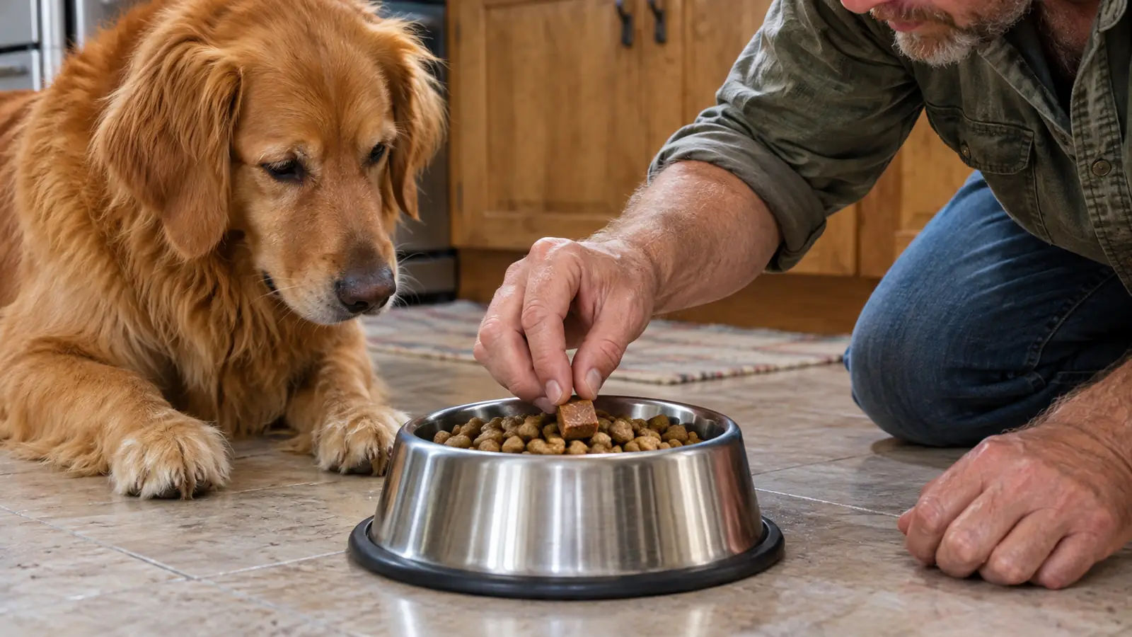 A hand placing a soft chew on top of a dog's kibble in a stainless steel bowl