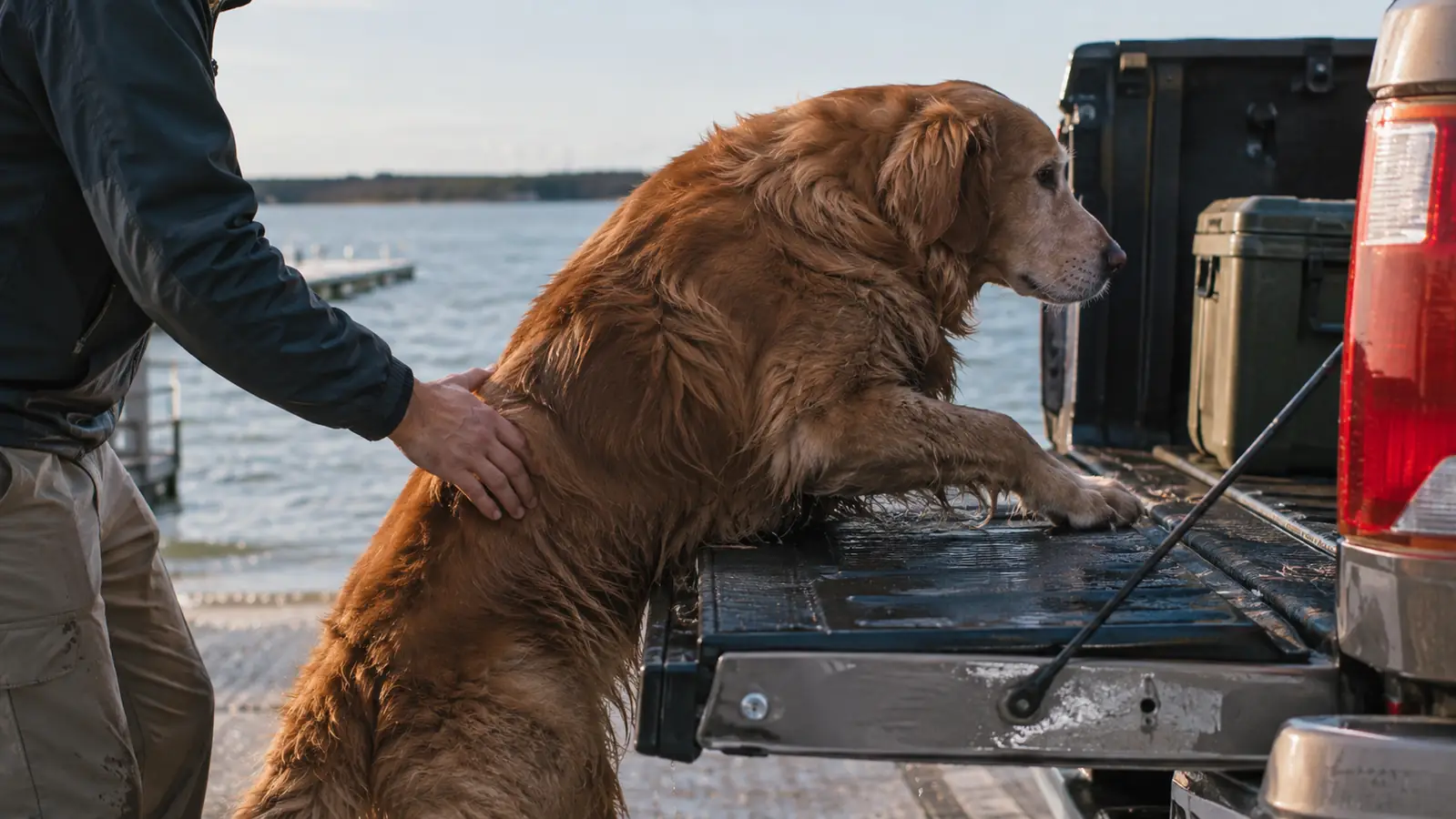 A large dog stepping up into the tailgate of a pickup truck while a person steadies it
