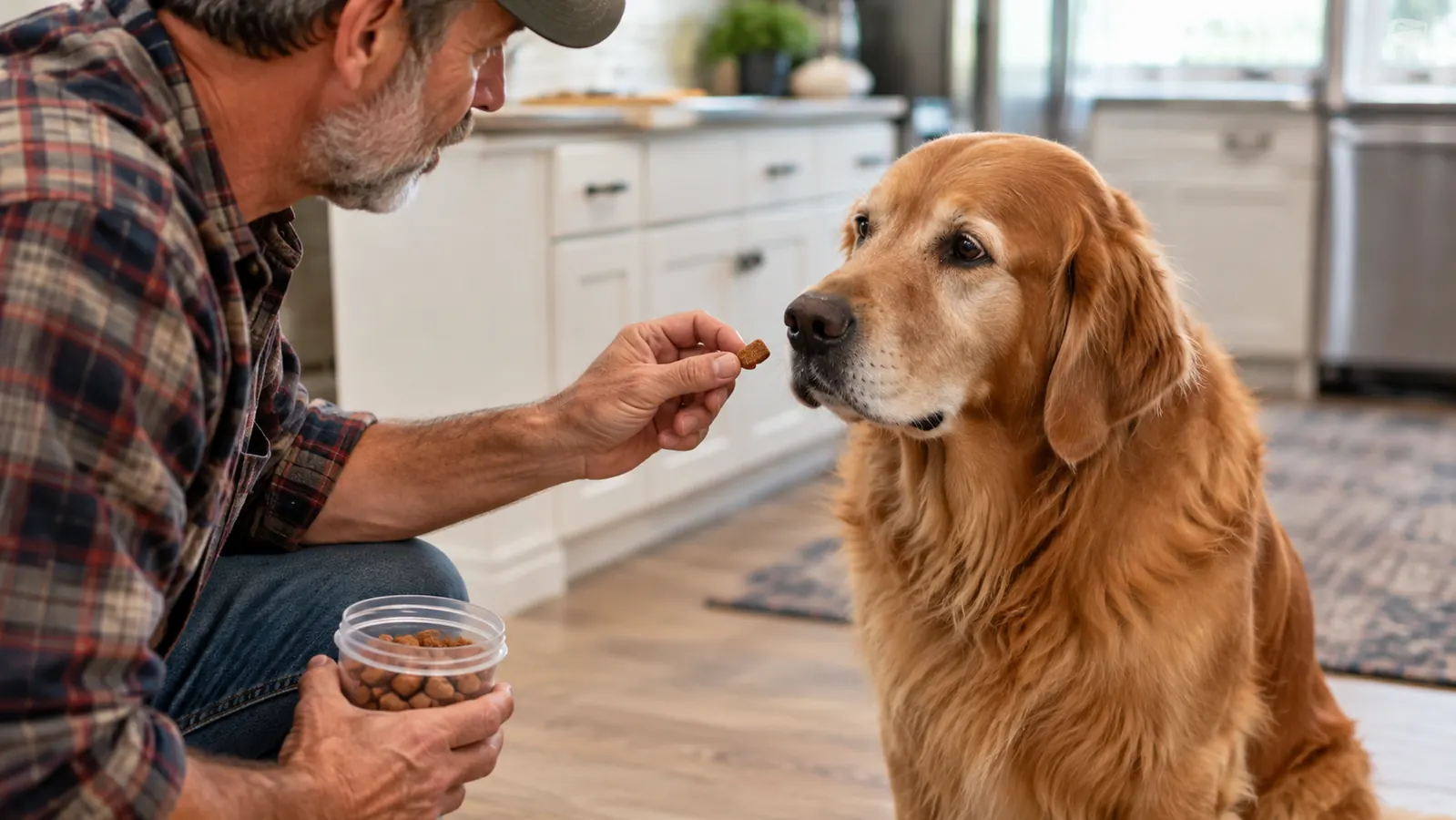 A person's hand offering a soft chew to a large dog sitting on a kitchen floor