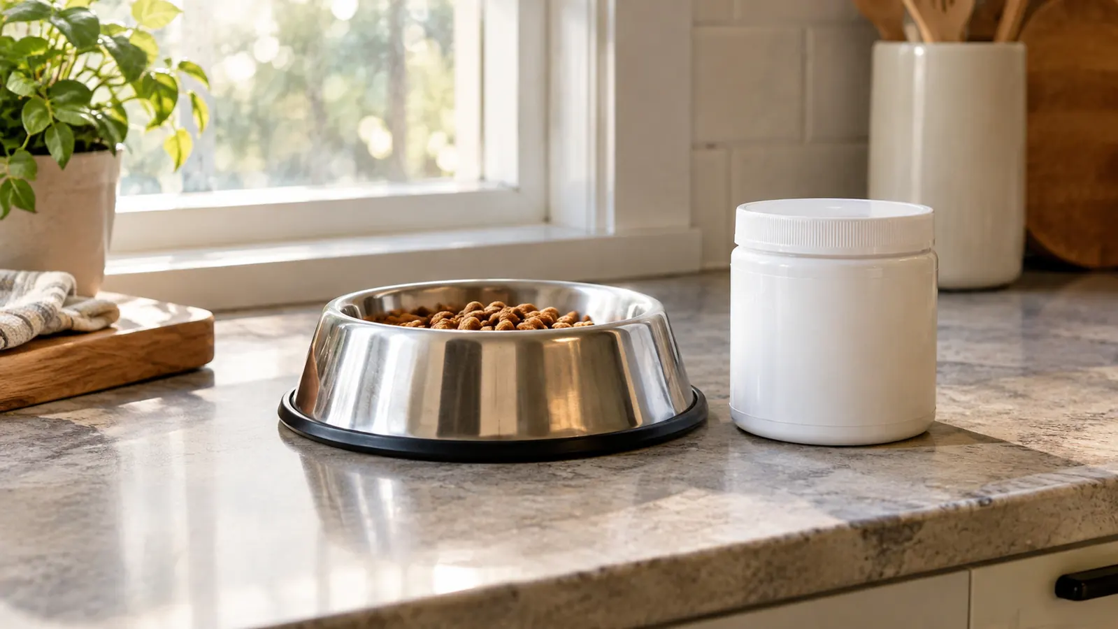 A kitchen counter with a dog's food bowl and a supplement container, morning light through a window