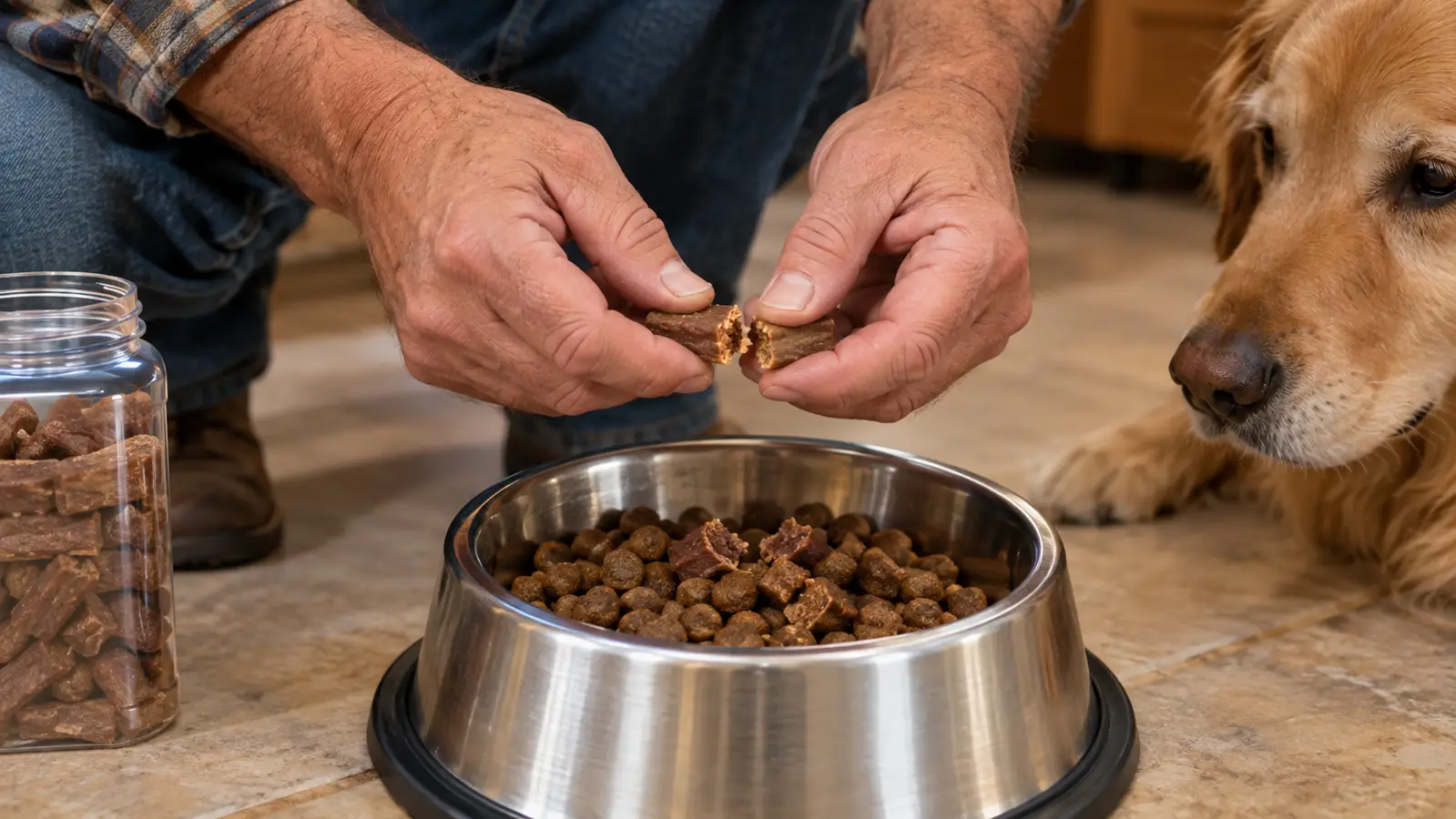 A hand breaking a soft chew into pieces over a stainless steel bowl of kibble on a kitchen floor.