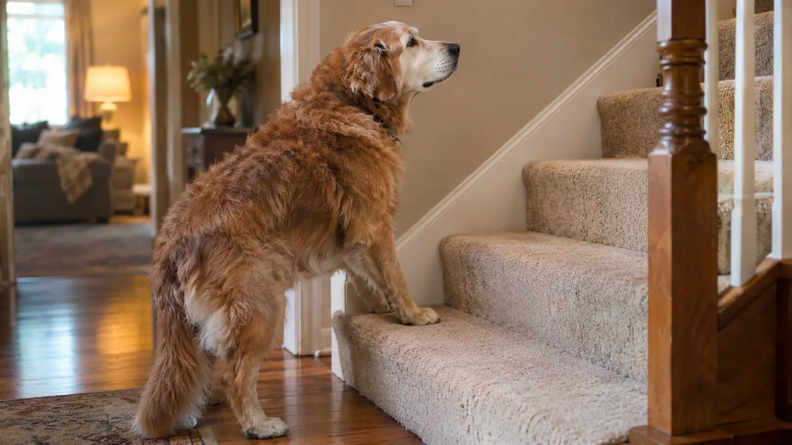 A senior dog standing at the bottom of a staircase, front paws on the first step, looking up.