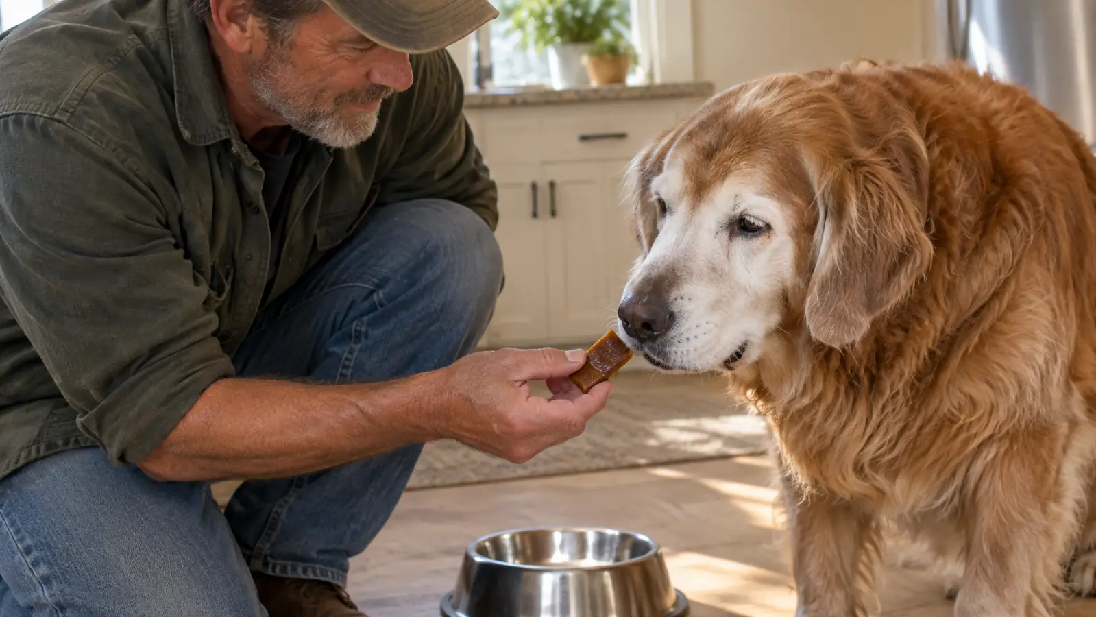 A hand offering a soft chew to a large dog beside a stainless steel bowl