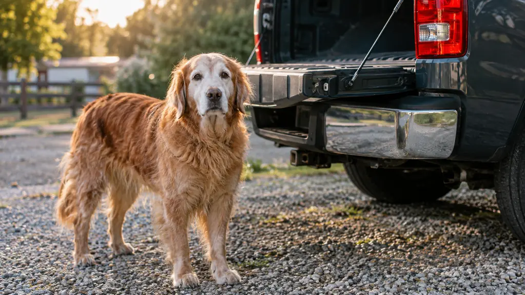 A senior dog waiting beside the open tailgate of a pickup truck