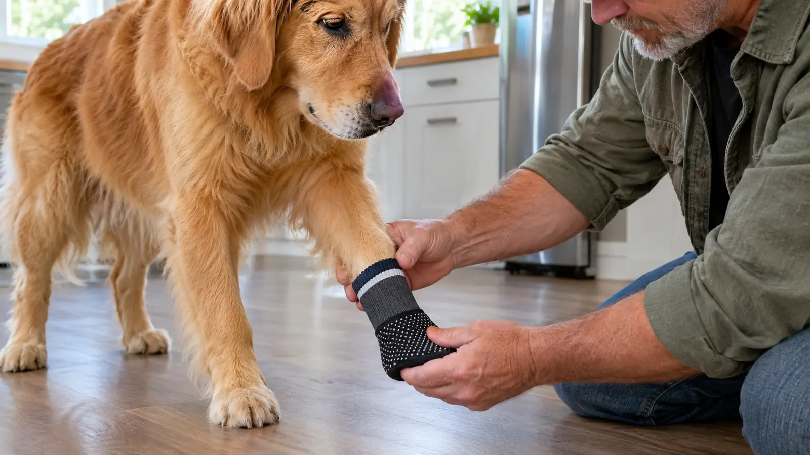 A person's hands fitting a grip sock onto a dog's paw while the dog stands calmly on a kitchen floor
