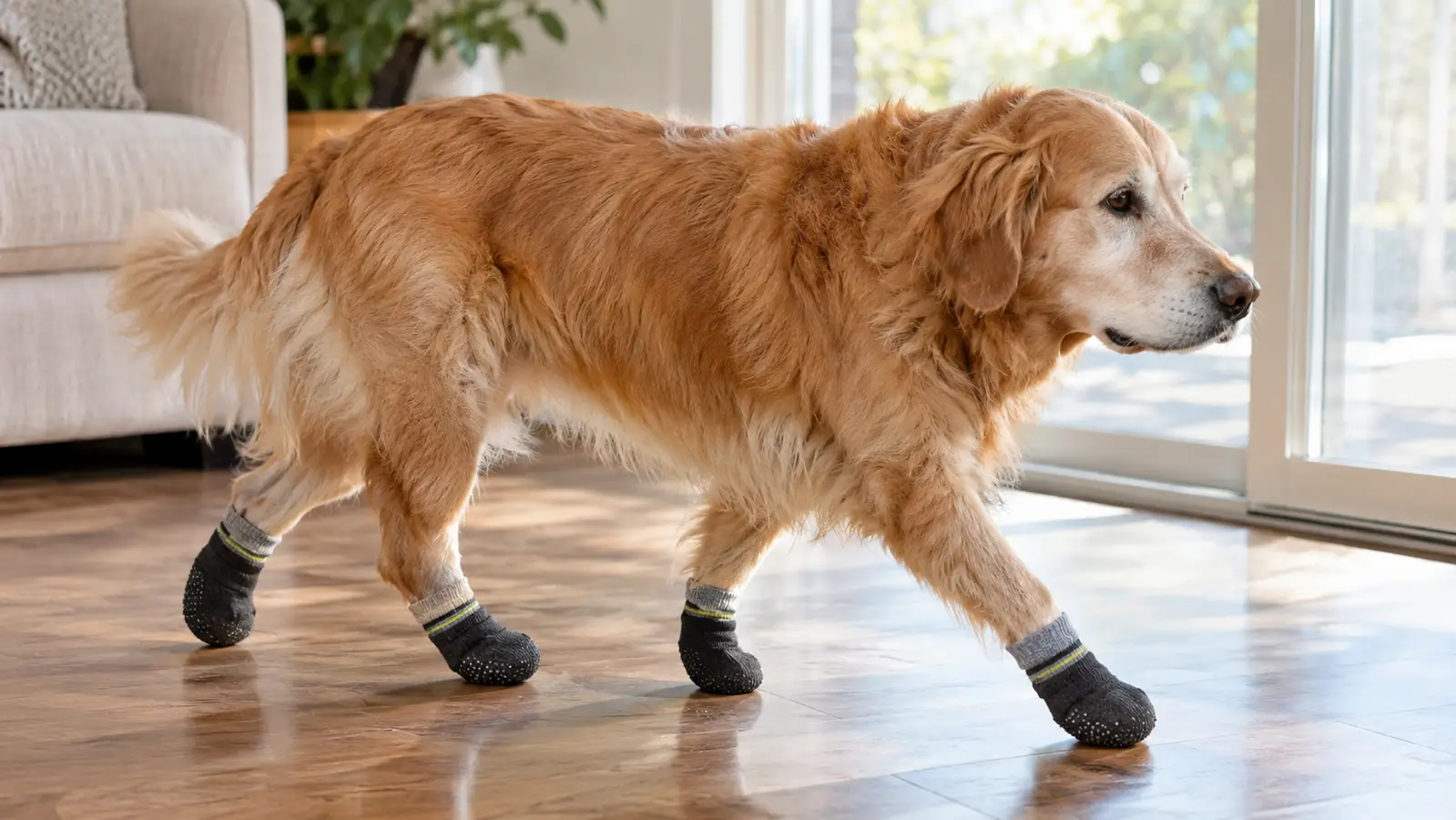 A senior dog walking across a hardwood floor wearing non-slip socks, viewed from the side