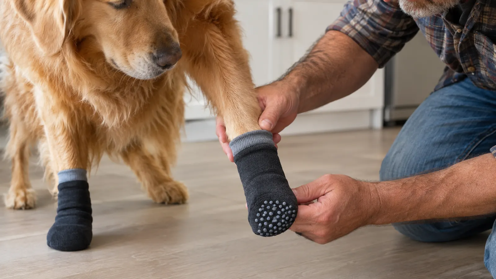 A hand pulling a fabric dog sock over a dog's paw