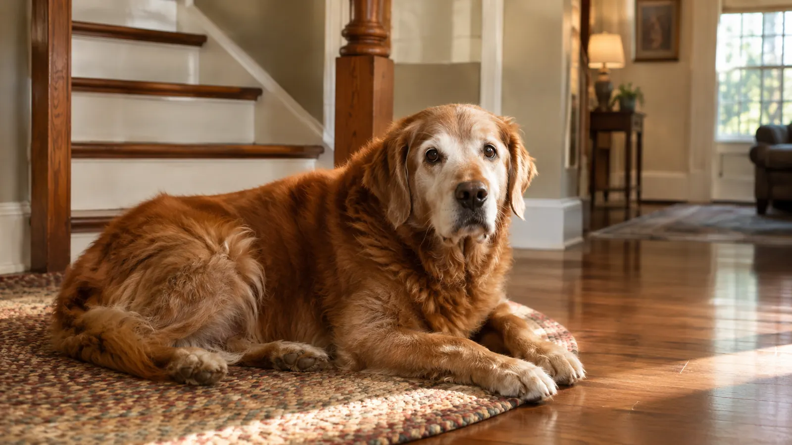A large senior dog resting on a rug at the bottom of a wooden staircase