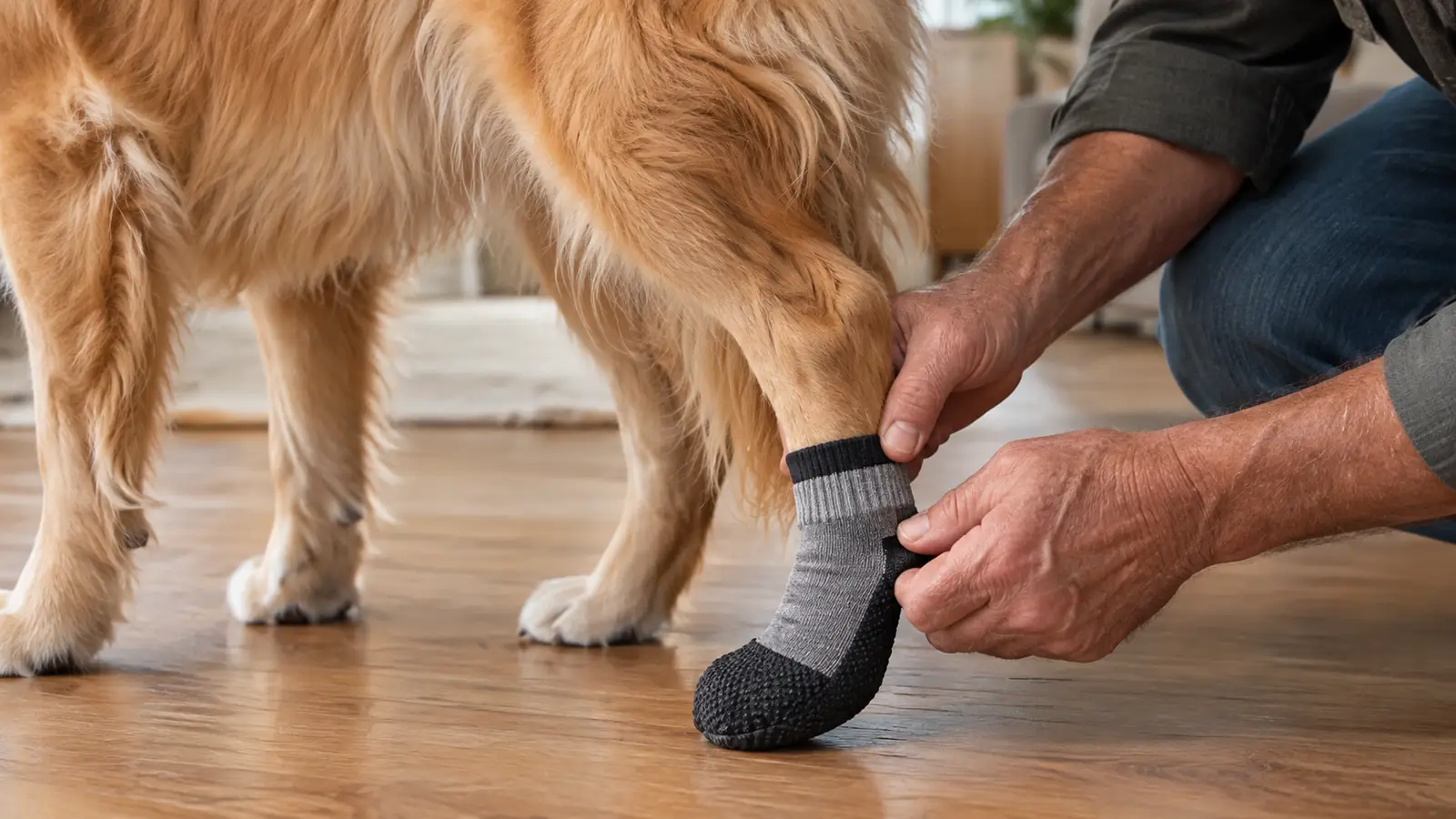A hand fitting a non-slip dog sock onto a dog's back paw while the dog stands on a hardwood floor