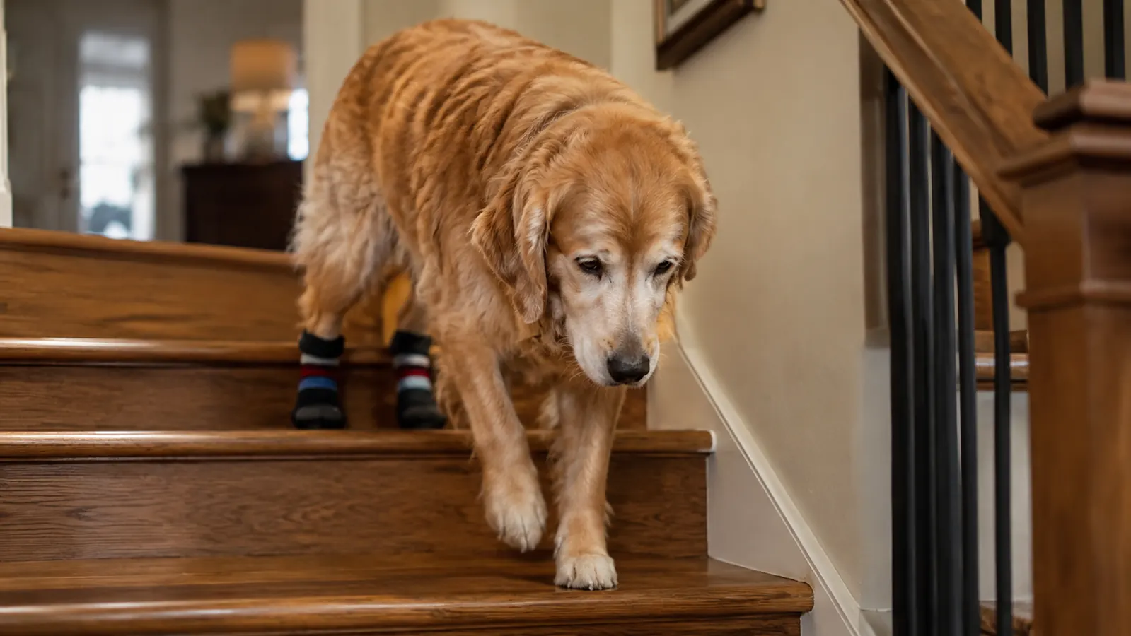 A dog walking down a wooden staircase wearing non-slip socks on its back paws