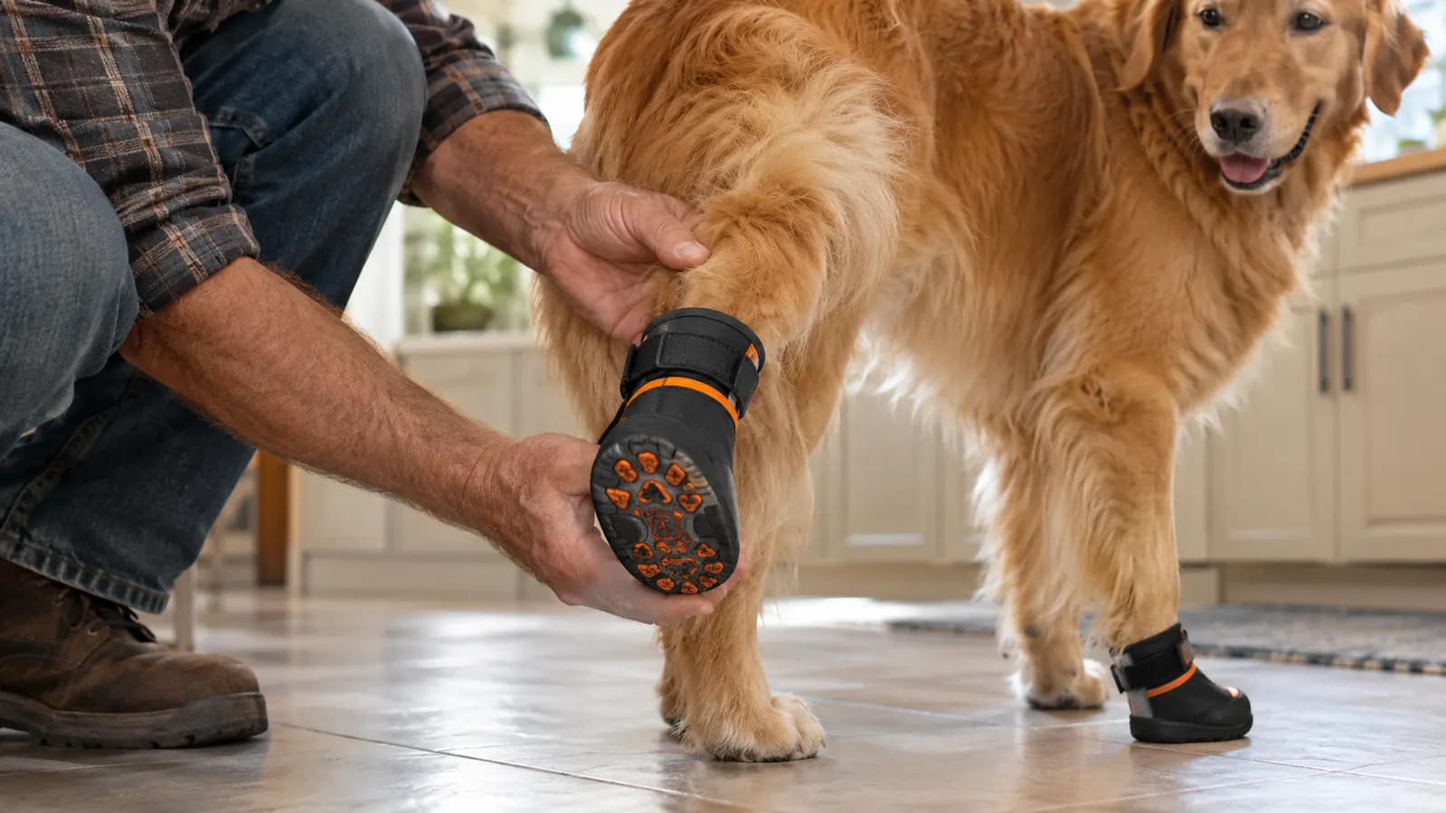 A hand fitting a non-slip dog sock over a dog's back paw