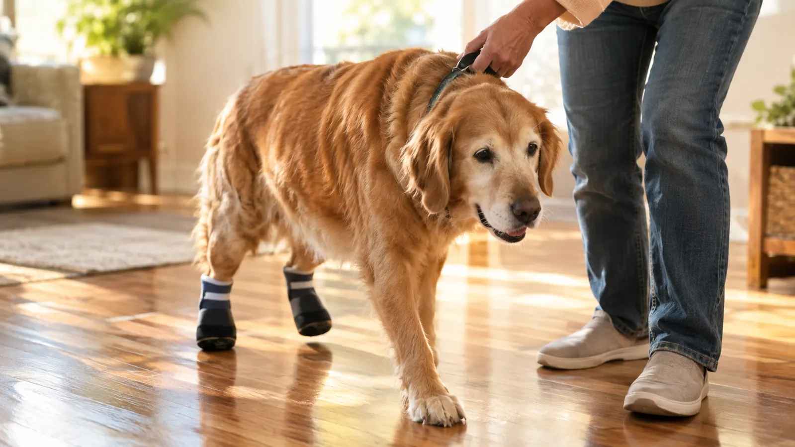 A senior dog walking on a hardwood floor wearing non-slip dog socks on its back feet