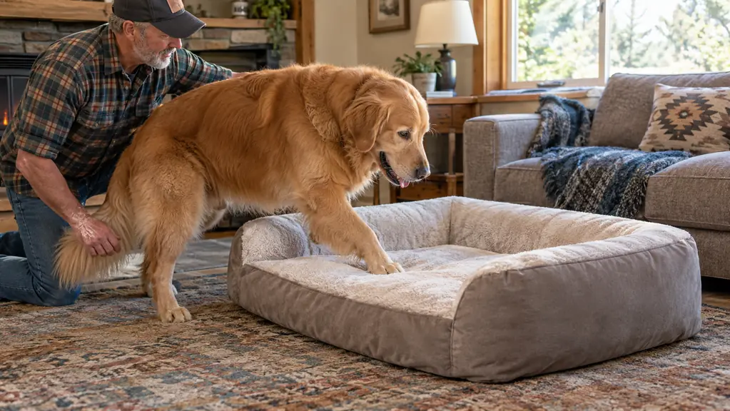 A dog settling onto a large washable dog bed in a home