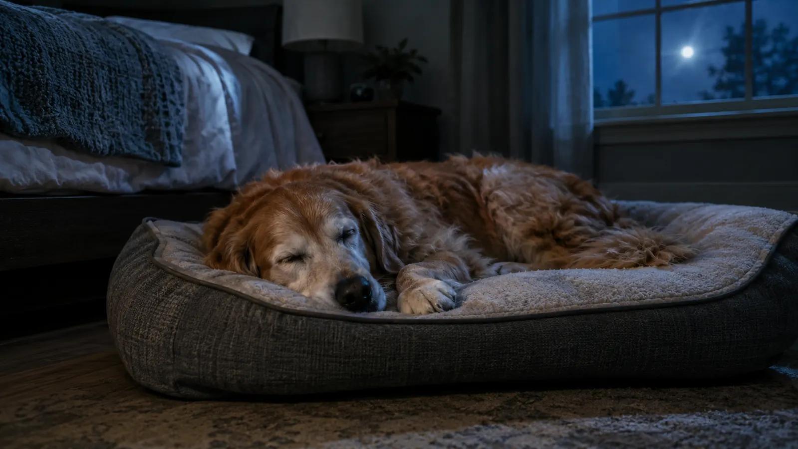 A senior dog sleeping peacefully through the night on a padded bed