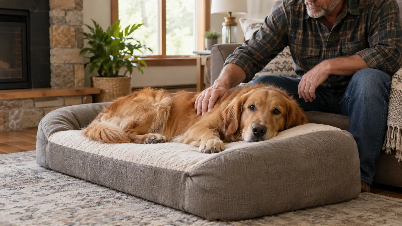 A senior dog lying on the orthopedic bed in a living room