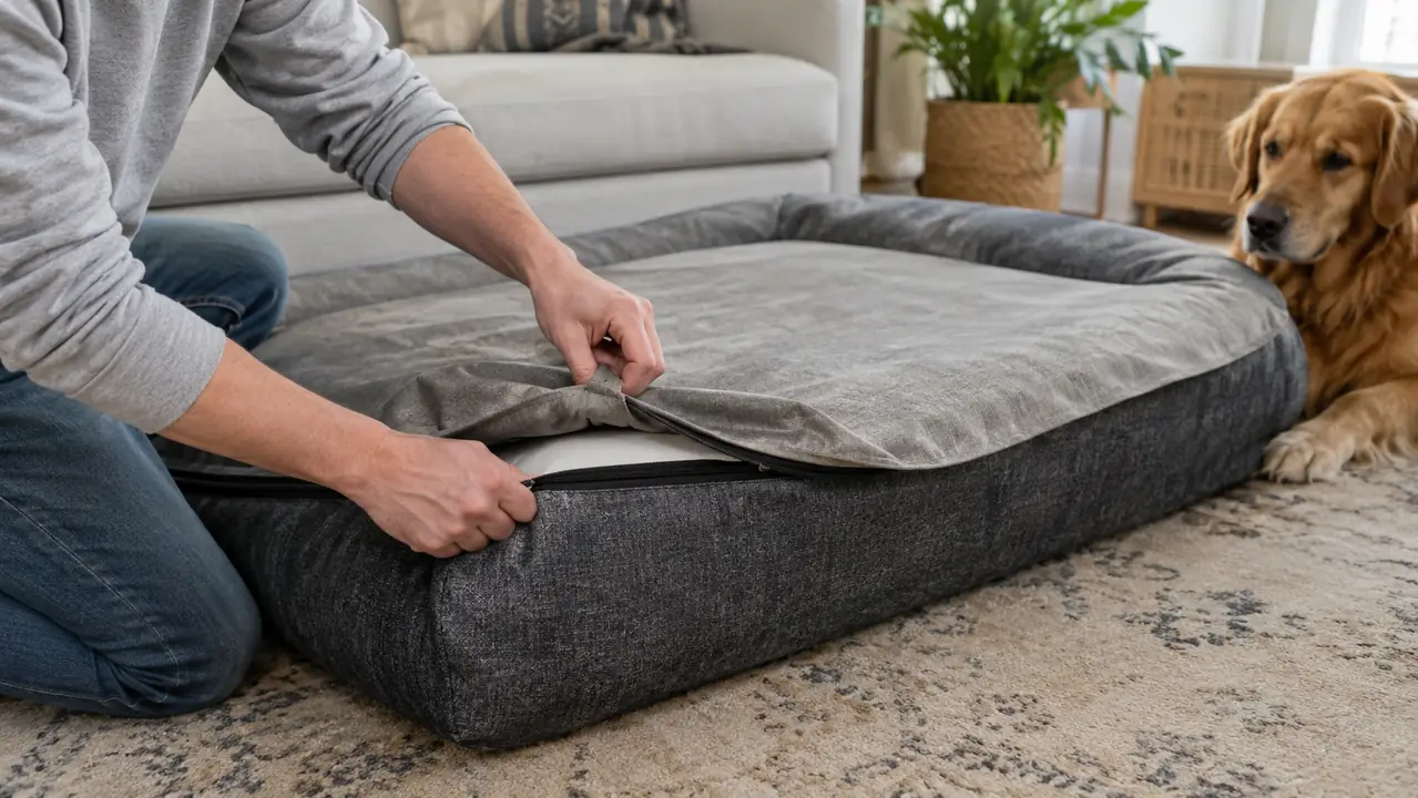 A person smoothing the removable cover back onto an extra large dog bed after washing it