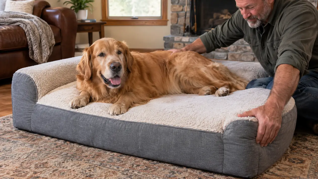 A large dog lying on a thick orthopedic dog bed while a hand presses the foam edge