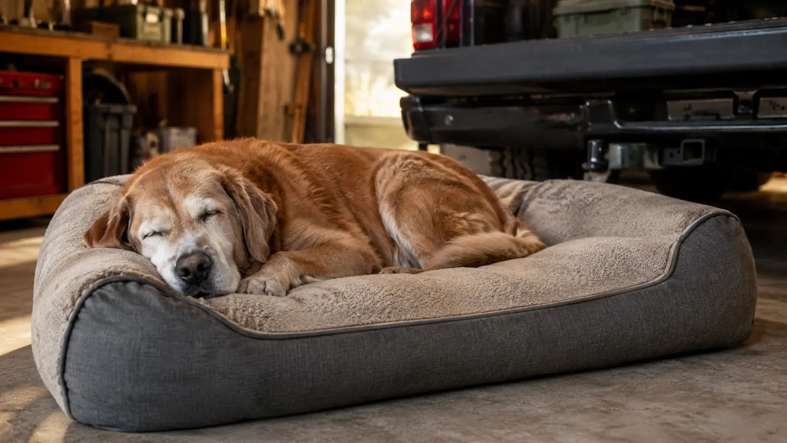 A senior dog sleeping on a large orthopedic dog bed in a garage near a pickup truck tailgate