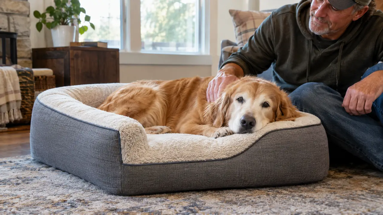 A senior dog lying on the EHEYCIGA orthopedic dog bed with its head resting on the edge