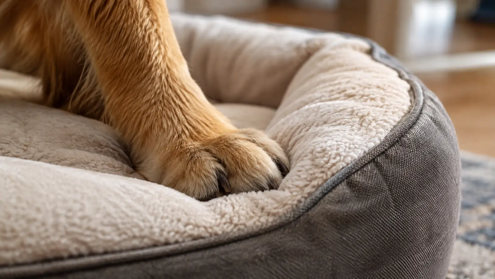 A dog's paw pressing into the thick foam edge of an orthopedic dog bed