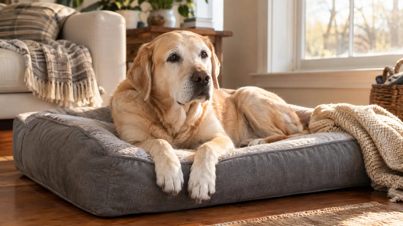 A gray-muzzled senior dog resting on a thick orthopedic bed in a sunny living room