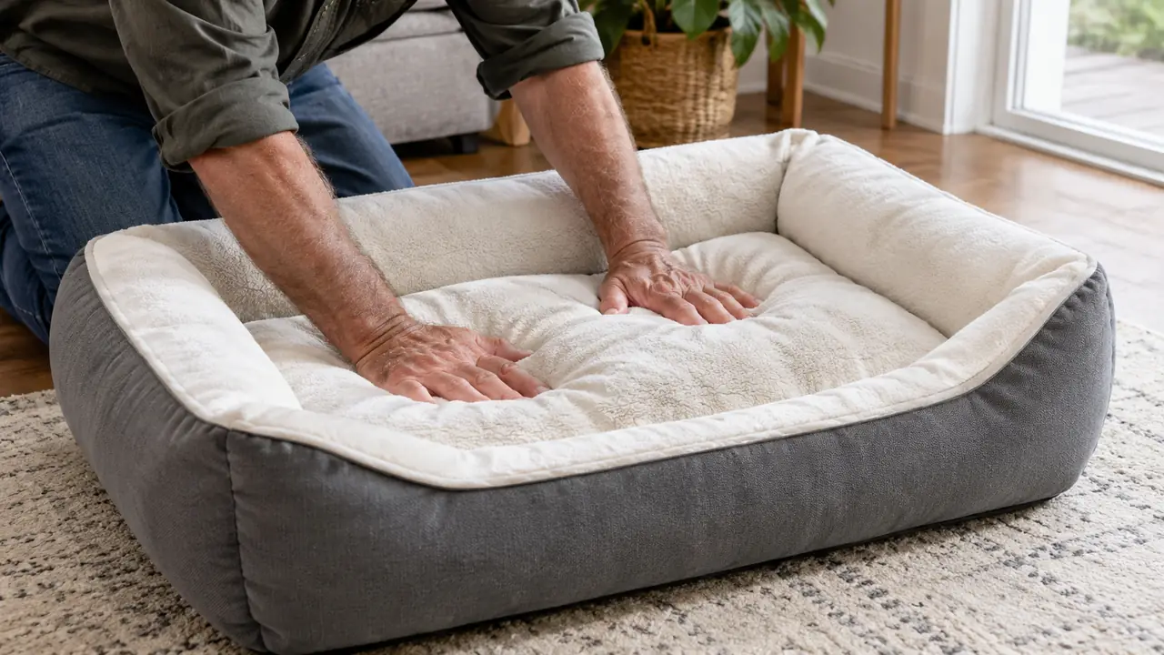 A person's hands pressing into a thick foam dog bed to show the support