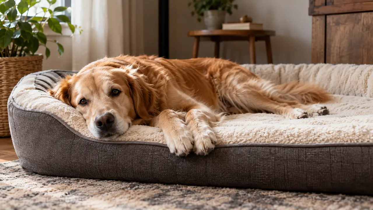 A large dog lying stretched out and relaxed on a thick orthopedic bed in a cozy corner of a room