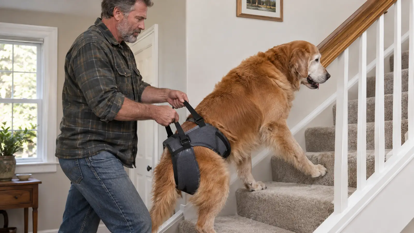 A person supporting a large senior dog's hind end with a lift harness on a staircase