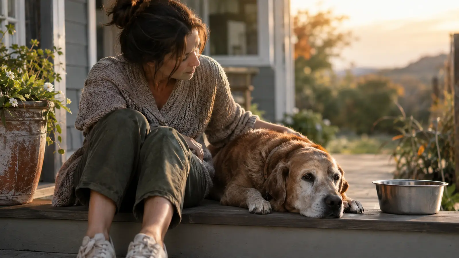 A person sitting beside a senior dog on a porch step after a walk
