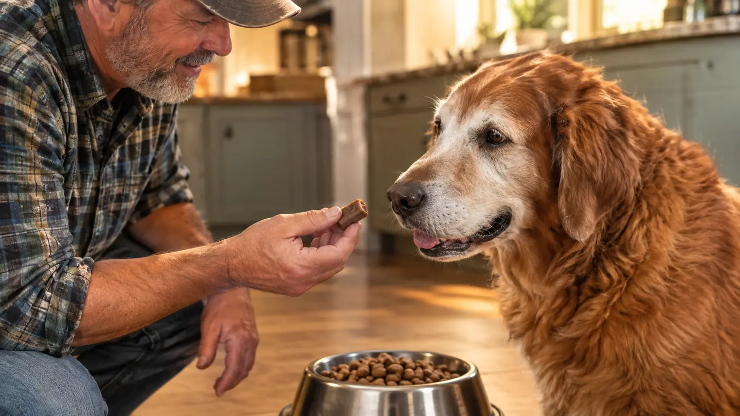 A hand offering one soft chew joint supplement to a large senior dog next to a stainless food bowl.