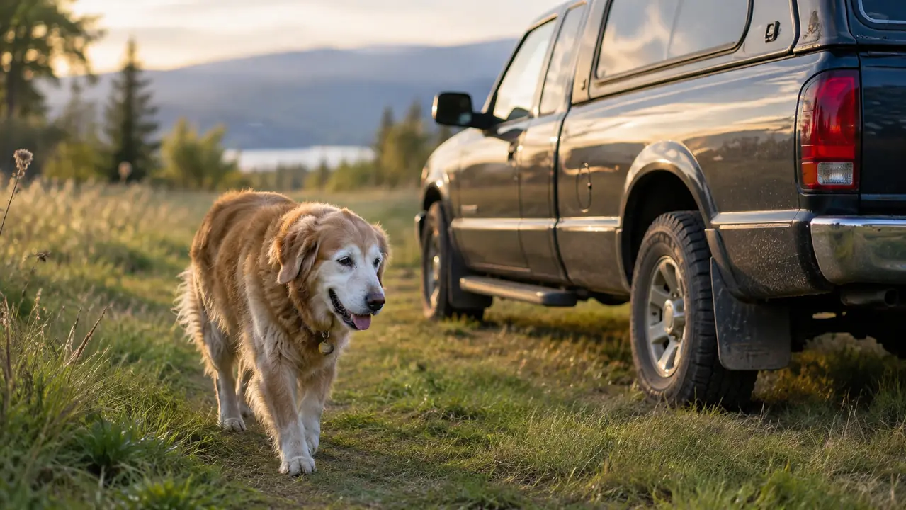 A large senior dog walking at a relaxed pace on a grassy path beside a pickup truck with a camper shell.