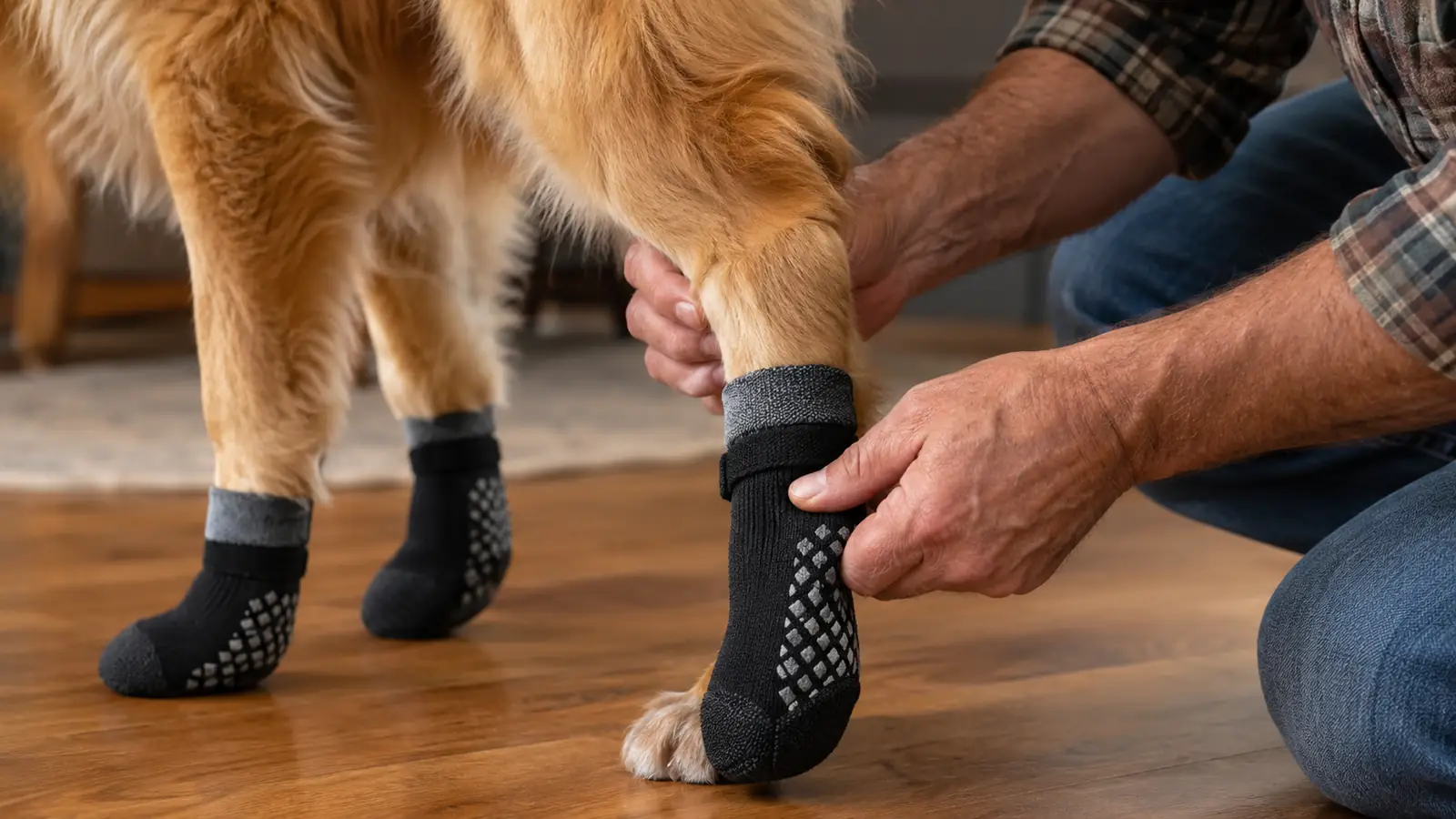A hand fitting a non-slip sock onto a dog's back paw on a hardwood floor