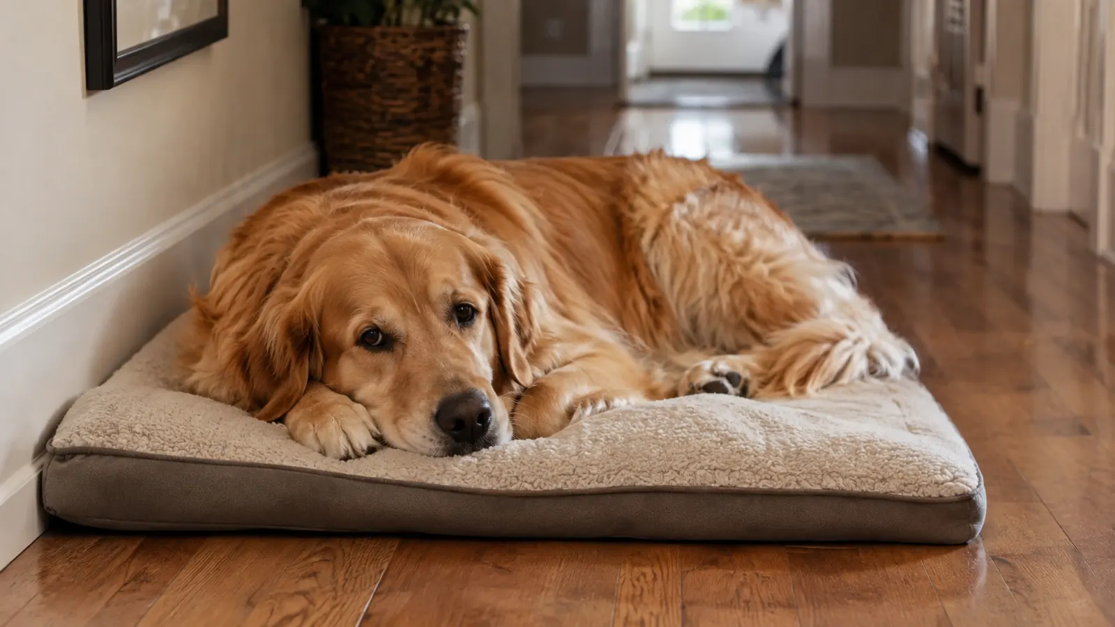 A dog resting on a padded mat in a hallway with hardwood floors