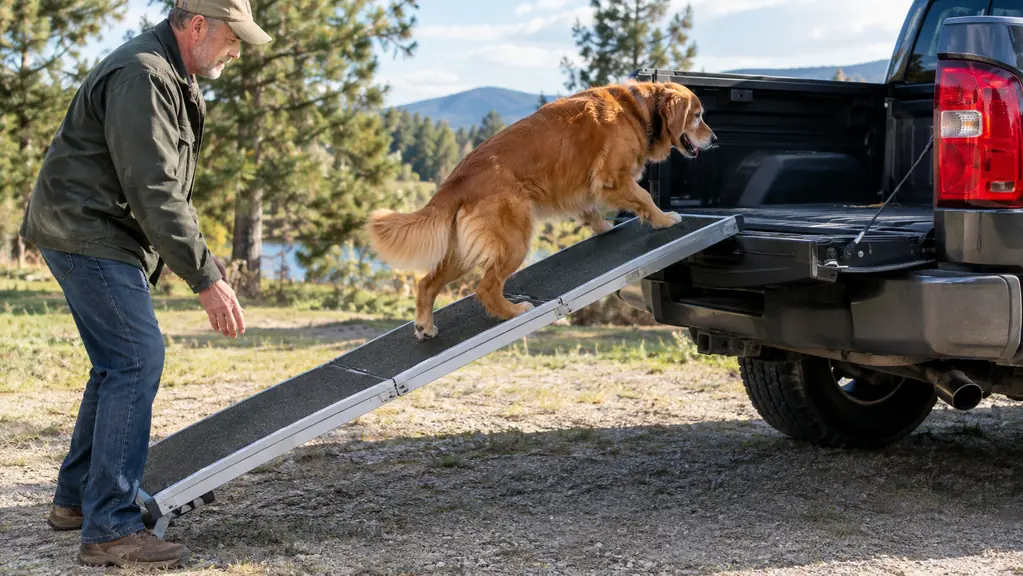 A dog walking up a folding ramp into the back of a pickup truck while a person stands nearby
