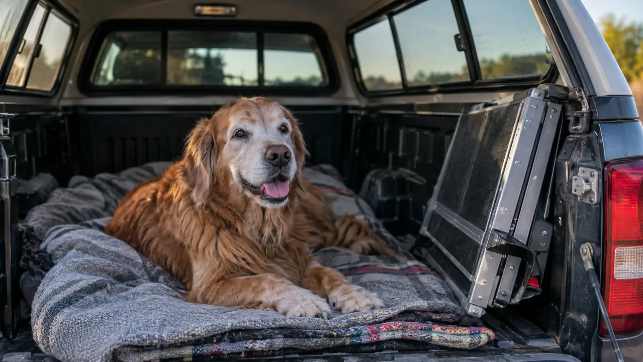A senior dog resting on a blanket in the bed of a pickup truck with a camper shell, a folded ramp stored at the side