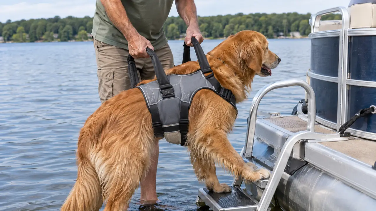 A person's hands holding the padded handles of a rear support harness on a large dog standing beside a boat ladder