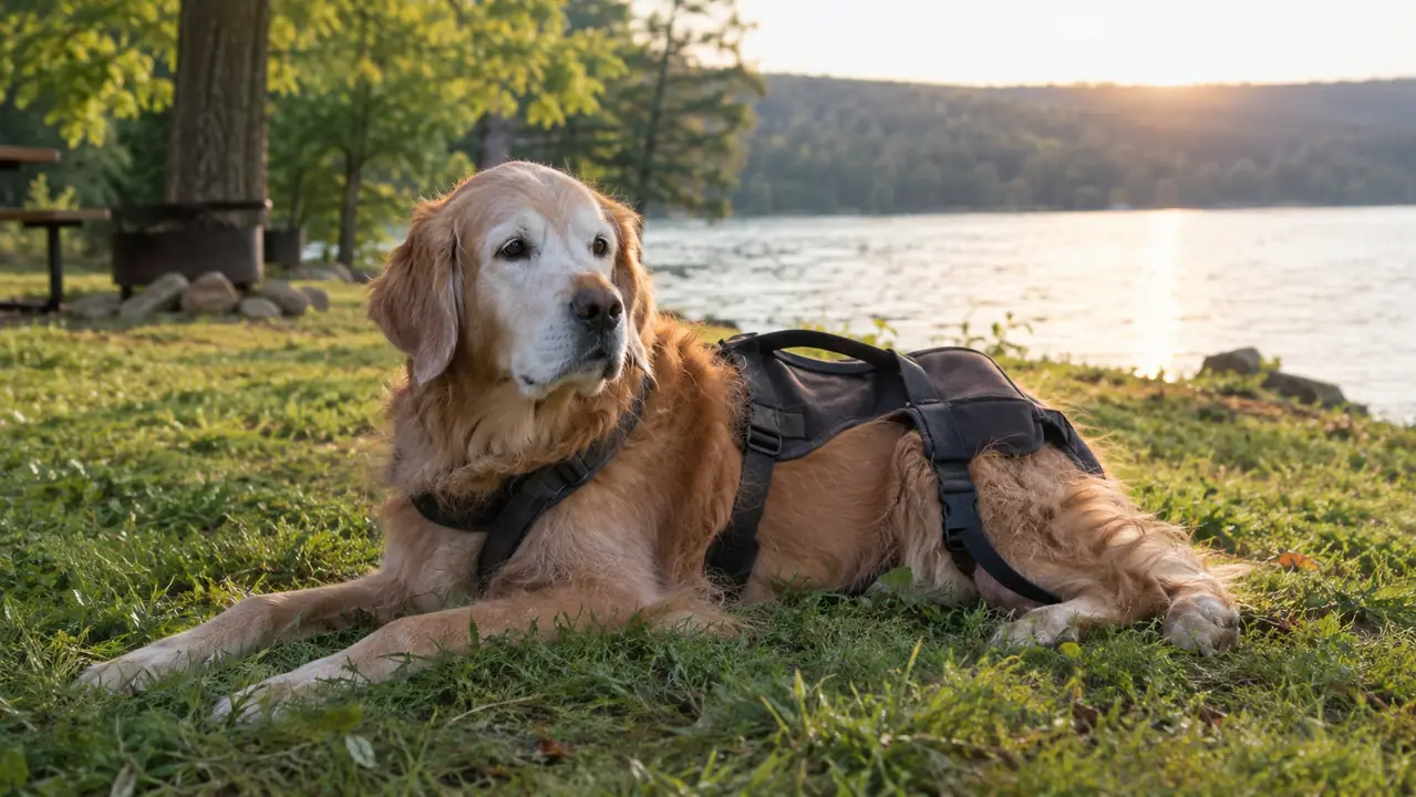 A senior dog resting on a grassy lakeside bank with a rear support harness resting loosely over its back