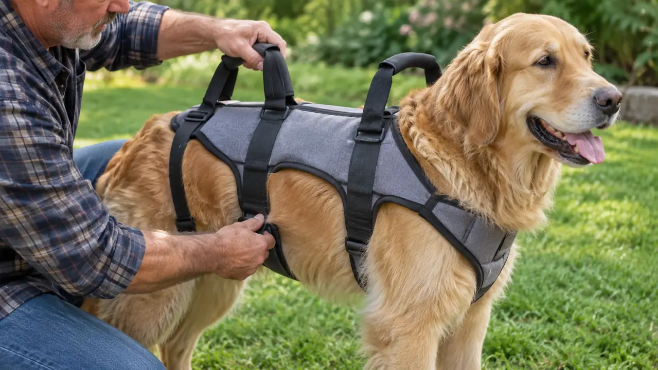 Hands adjusting the straps of the lift harness on a large dog standing calmly on a lawn