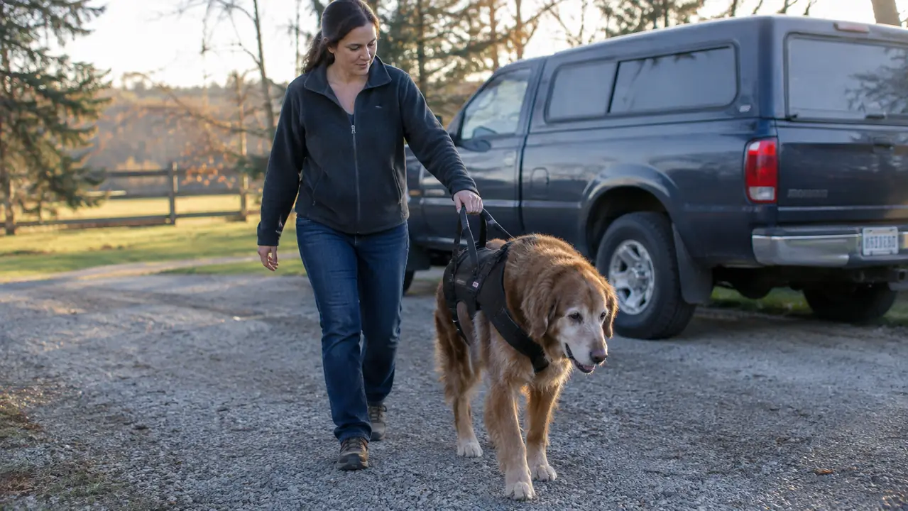 A person walking beside a large senior dog with one hand on the harness handle, next to a pickup truck with a camper shell