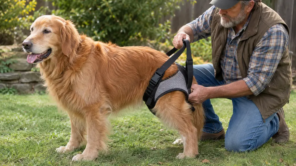 A person kneeling beside a large dog, positioning a rear support harness under the dog's hindquarters